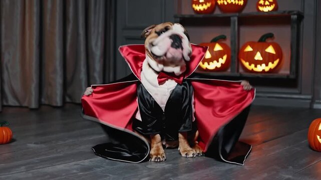 Canine of the Bulldog Breed Dressed in Costume Inspired by Mythical Undead Figure