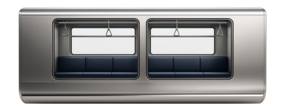 Single-level metro car featuring continuous bench seating and overhead grab rails