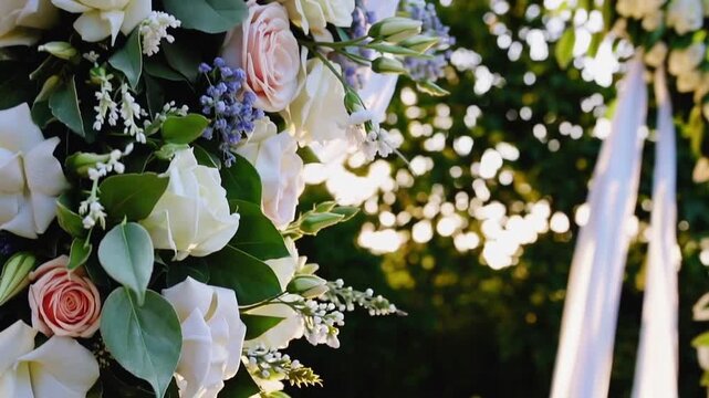 Elegant and Decorative Nuptial Archway Situated on Lush Grassy Area in Public Garden Prepared for Marriage Ceremony with Seating Arrangements