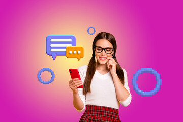 Exclusive zine art pop trend collage of happy girl guy stand bubble correspondence cv icon webpage...