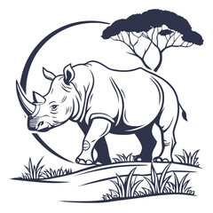 Fototapeta premium Rhinoceros Silhouette Vector with Tree | Wild Safari Animal Illustration | African Wildlife Artwork