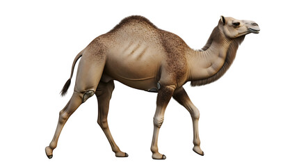 A dromedary camel walking on a white background