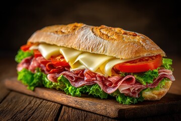 Artisan Sandwich. Fresh Baguette with Cheese, Lettuce, Salami, and Tomato on Display