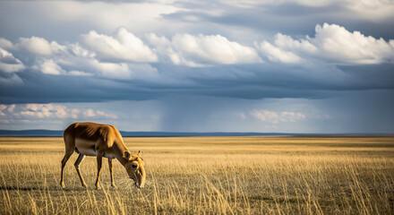 Naklejka premium A Saiga Antelope Grazing on the Steppe.