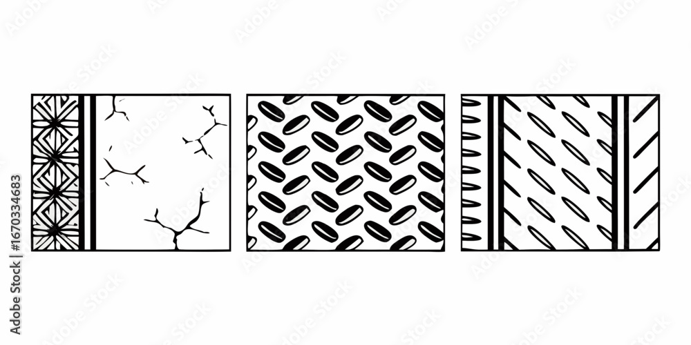 Poster three panels showcasing different patterns and textures in a black and white design composition