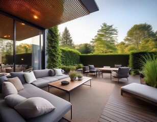 Fototapeta premium modern outdoor patio with grey sectional seating soft pillows retractable awning minimalistic garden ambient lighting glass walls and indoor dining view