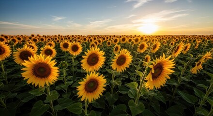 Fototapeta premium Sunset over a vast sunflower field. Golden blooms stretch to the horizon