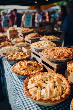 Baking Contest. Pie Tasting at a Farmers Market with Homemade Desserts and Summer Flavors