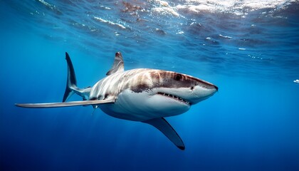 Fototapeta premium close up of a great white shark swimming underwater in clear blue ocean with a focus on the shark s face and sharp teeth