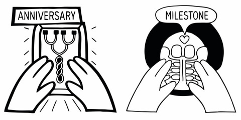 Fototapeta premium Illustration showing hands holding anniversary and milestone signs with decorative elements