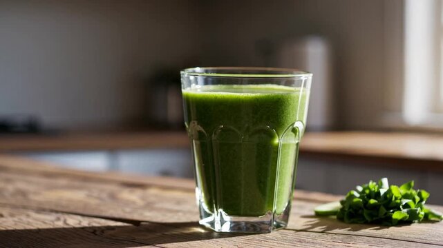vessel containing freshly prepared green health beverage composed of spinach and kale leafy greens