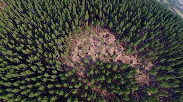 Overhead abstract perspective of pine tree forest showing signs of clearing