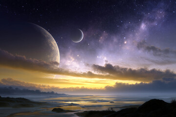 A beautiful night sky with a large moon and two smaller moons