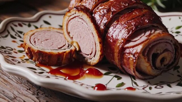 festively prepared sliced turkey breast roll wrapped in bacon, containing onions and mushrooms, served with tomato condiment, shown in close-up view on plate. horizontal top-down perspective.