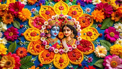 A vibrant rangoli design blending floral patterns with symbolic motifs of Radha and Krishna, captured in sharp festive detail.
