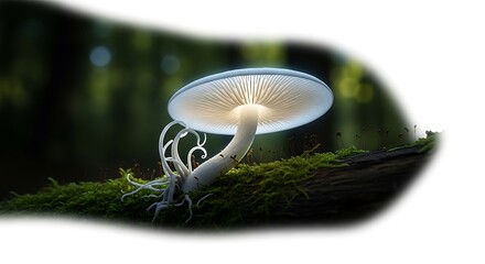 Obraz premium A bioluminescent mushroom glows with ethereal light, perched a mosscovered log in a dark, mystical forest, its delicate gills illuminated from within, creating a magical and enchanting natural scene