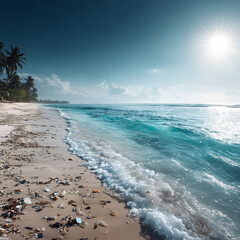 Ocean waves gently lap against a pristine tropical beach with scattered debris under a bright sun, evoking a serene yet concerning glimpse of nature's beauty and pollution