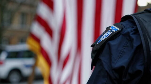 Law Enforcement and National Symbolism: The Rear View of Police Officer Wearing Protective Gear in Front of National Flag