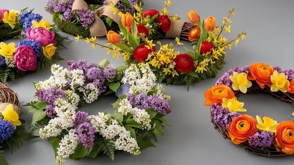 Assortment of colorful flower wreaths, featuring spring blossoms on gray background - Powered by Adobe