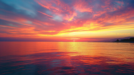 Obraz premium Ocean Sunset with Fiery Sky Reflecting in Calm Water