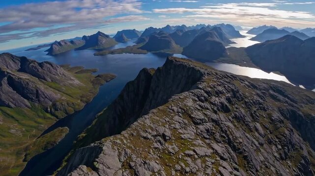 breathtaking vista of archipelago as seen from the summit of prominent peak under azure firmament