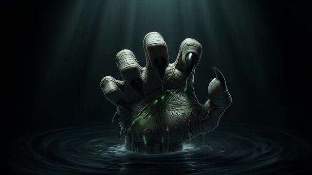 A gnarled, clawed hand emerges from dark, rippling water in moody, somber light