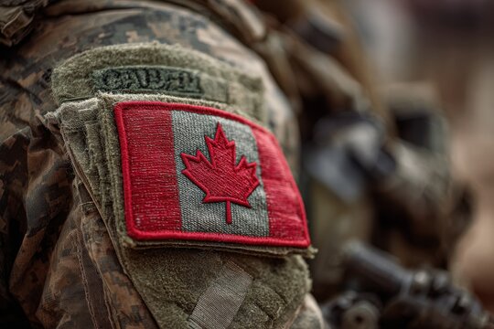 Canada Remembrance. Soldier's Arm Patch with Canadian Flag, Military Uniform and Red Colors