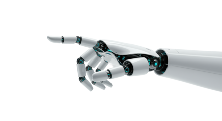 Pristine, sleek white futuristic robotic hand with subtle blue internal glows in a precise gesture, isolated on a luminous white studio background with soft high-key lighting, intelligent automation