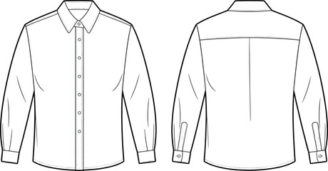Technical flat fashion illustration of classic long sleeve button-up shirt with cuffs, pointed collar, back yoke, front and back views, clothing template.