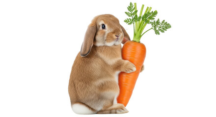 Isolated Lop-Eared Rabbit Holding a Carrot