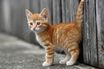 Fototapeta premium Cat Sideways. Small Red Kitten With Sideways Glance - Ginger Tabby Pet Animal Looking