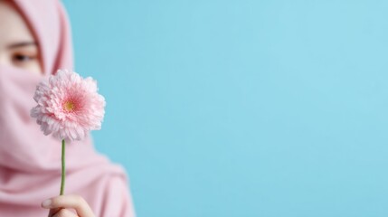 Elegant Muslim woman in hijab adorned with a flower, set against a minimalist background, exuding grace and simplicity in a serene atmosphere.
