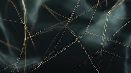 Abstract plexus structure forming network connections with glowing golden lines on a dark smoky background