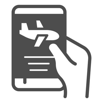 Smartphone with airplane in hand solid icon, traveler survey concept. Vector graphics. Touchscreen phone with air ticket sign on white background, glyph style icon for mobile or web design.