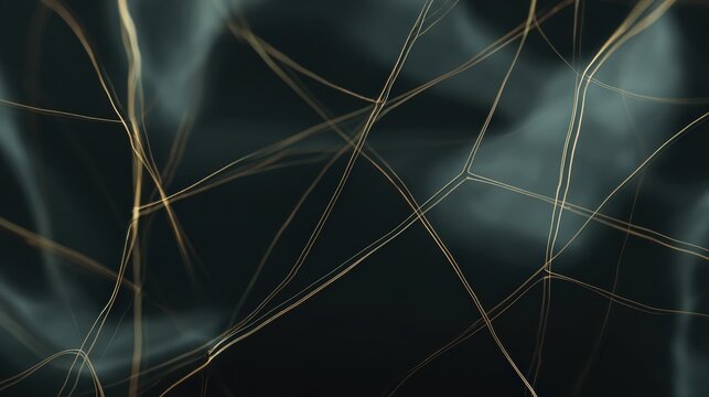 Abstract plexus structure forming network connections with glowing golden lines on a dark smoky background - Powered by Adobe