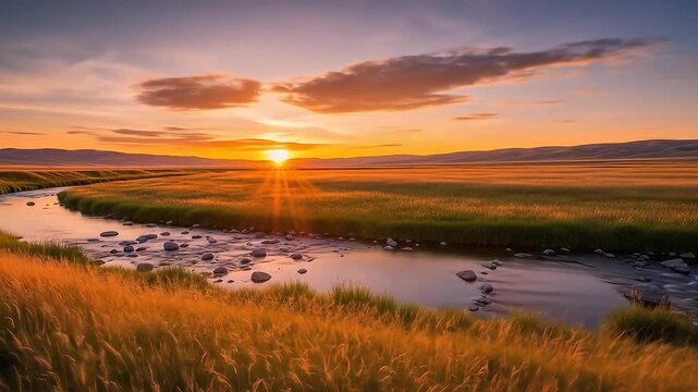 Sun sets on a field of grass, shining onto a winding rocky river in a quiet landscape