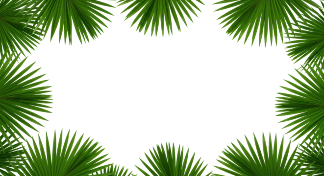 Lush, vibrant tropical palm fronds forming a U-shape against a transparent, shadowless studio background with soft even lighting, overhead shot, concept of natural purity and simplicity