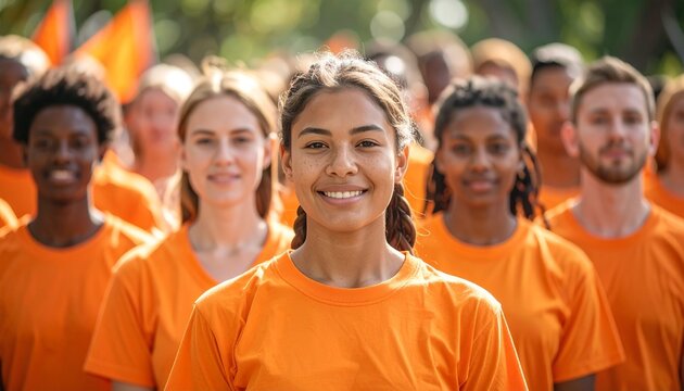 Diverse group of people in orange shirts smiling and looking at the camera, solidarity