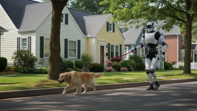 A robot walking a dog in a vibrant suburban neighborhood.