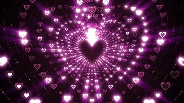 Sparkling purple pink glowing hearts tunnel seamless luminous romantic abstract background loop motion