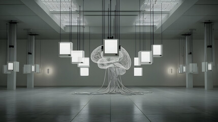 interface connected to cybernetic cables and floating digital cubes in a sci-fi lab environment