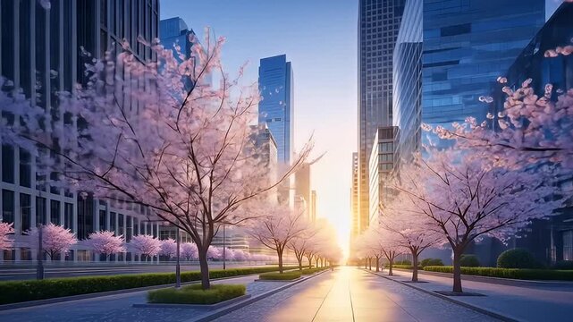 Cherry blossoms line the urban street, skyscrapers under a sunny sky in background