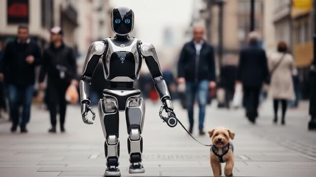A humanoid robot walking a dog in a bustling city street.