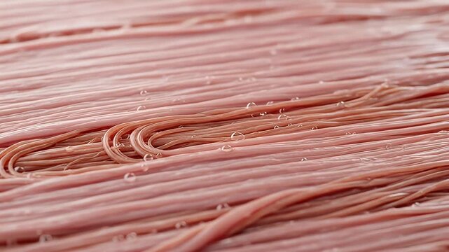 Close-up of arranged, parallel pink and brown strands with water droplets on surface