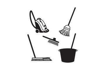 Collection of cleaning tools including a vacuum cleaner and brooms