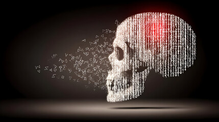 skull surrounded by red binary code and broken security icons