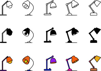 A collection of various desk lamp icons in different styles and colors.