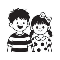 A black and white line art illustration of two young siblings, a boy and a girl, embracing in a warm hug on white Background. 