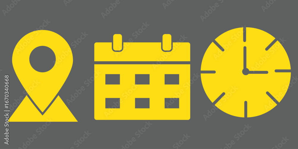 Poster time, date and address or location icons. time, date and address vector collection. calendar, clock 