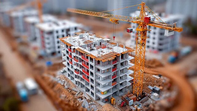 Large construction site with multi-story concrete building under development, yellow tower crane lifting materials, surrounded by equipment and other buildings in progress.